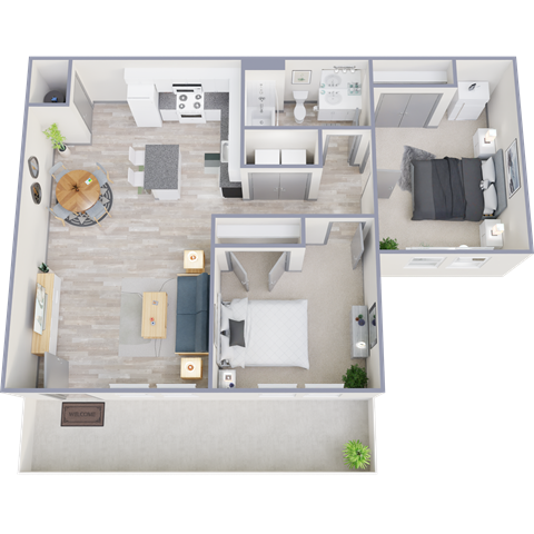 Floor plan for 2 beds, 1 bath, 985 sqft